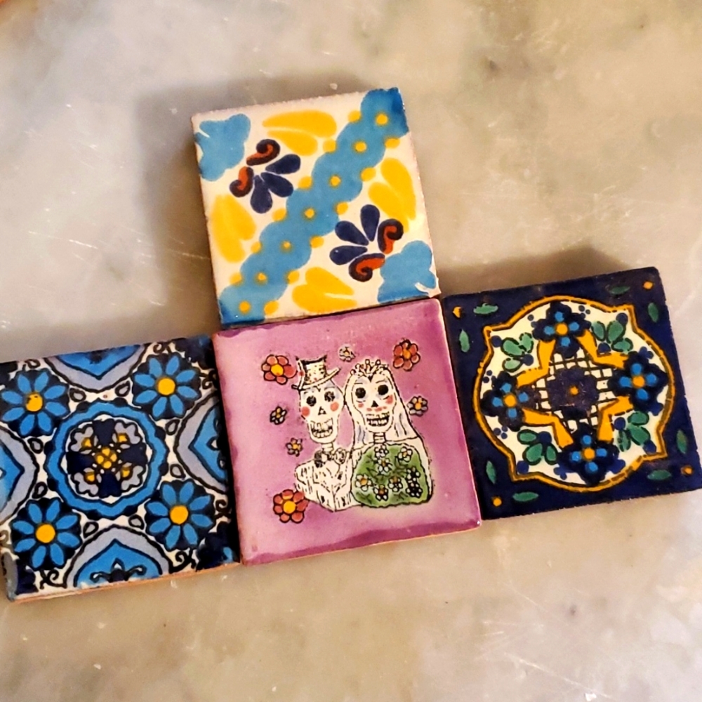 Lot of 4 Day Of Dead Wedding Skeleton Bride Groom 2" Talavera tiles